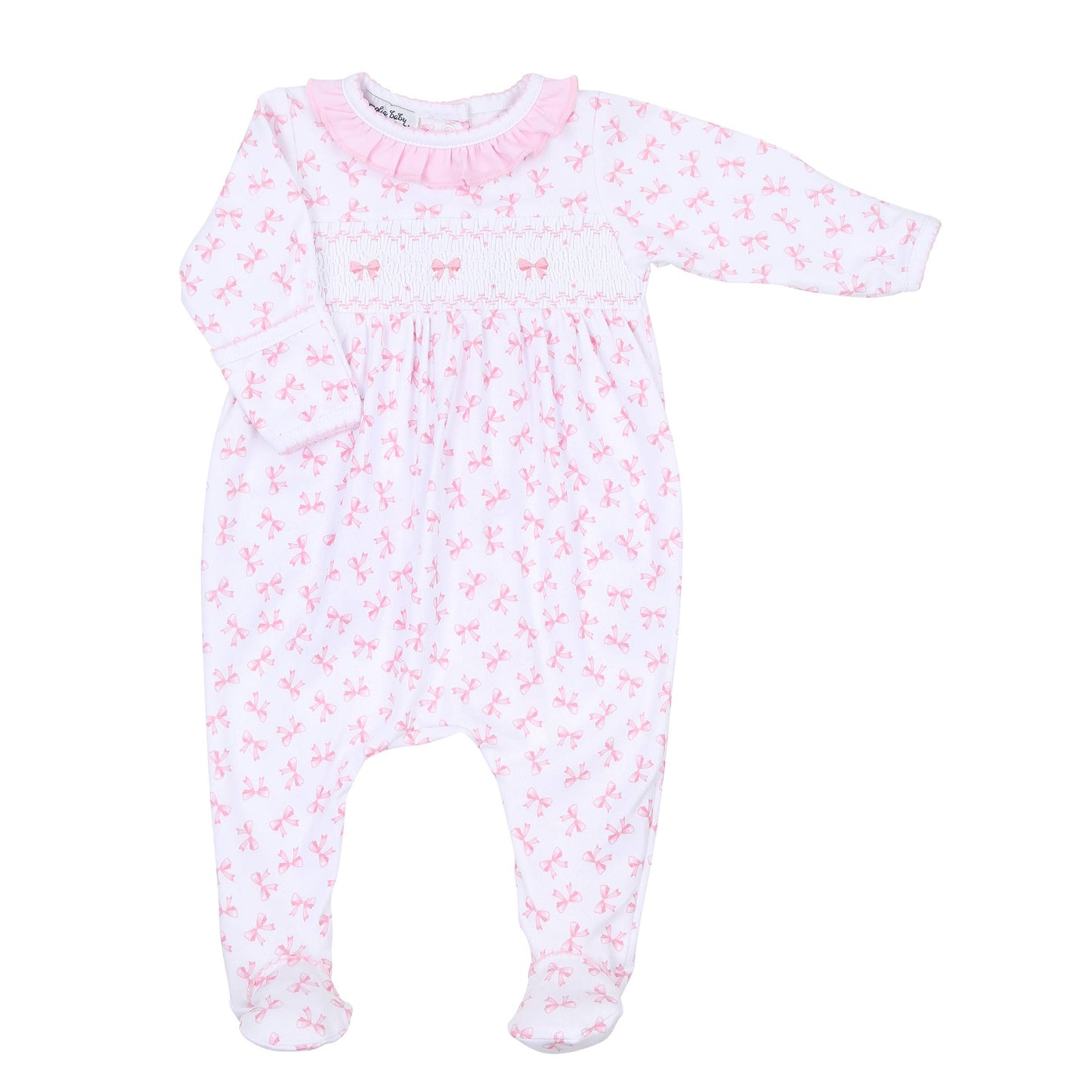 Magnolia Baby - Baby Bows Smocked Ruffle Footie: Pink / NB