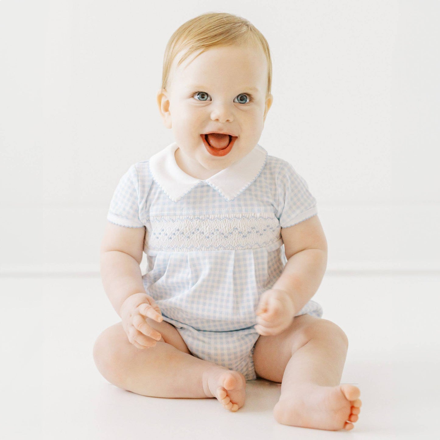 Magnolia Baby - Mini Checks Smocked Collared S/S Bubble - Blue: Blue / 3M/SM