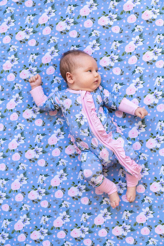 Laree + Co. - Lillian Floral Bamboo Ruffle Convertible Footie (Restock): NB