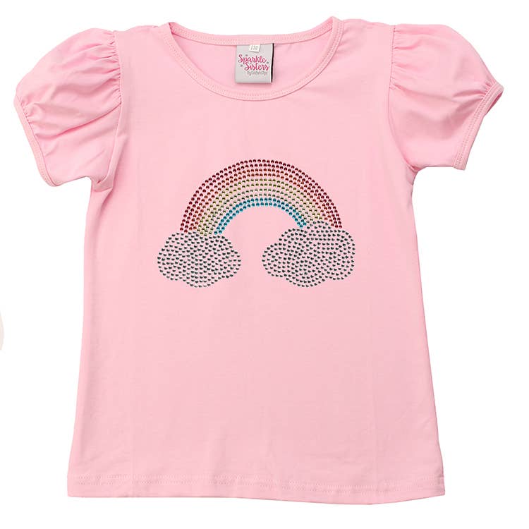 Sparkle Sisters by Couture Clips - Studded Rainbow Puff Sleeve Tee: White / 8