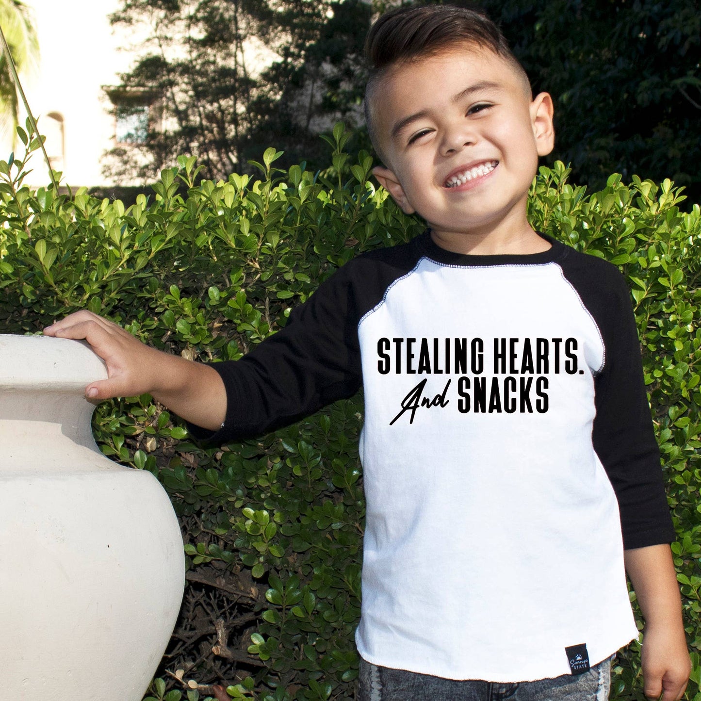 Sonrise State - Stealing Hearts & Snacks Boy's Baseball T-Shirt: 5/6T / Black Sleeves