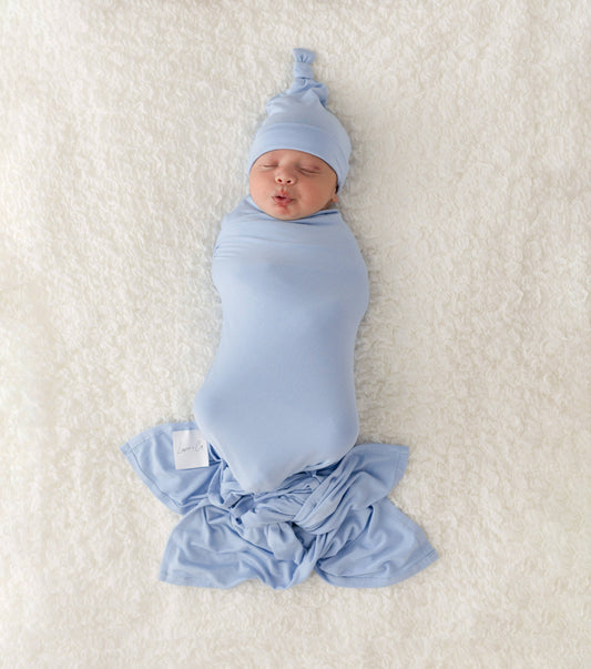 Laree + Co. - Lillian Trisomy 18 Blue Bamboo Swaddle + Knotted Hat Set