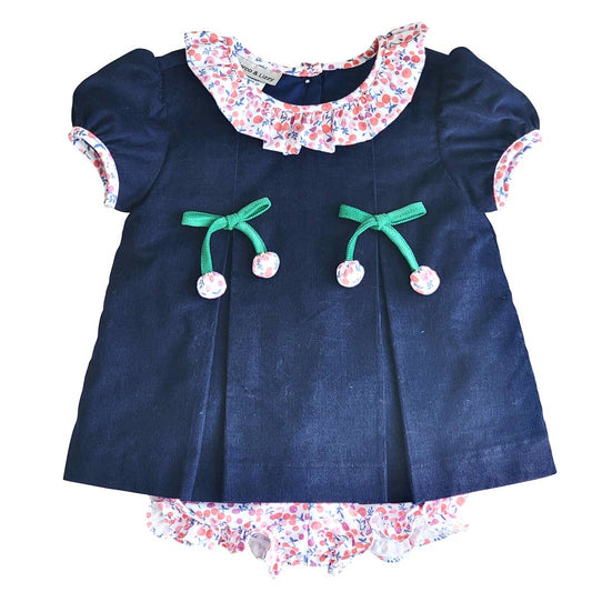 Marco and Lizzy - Cherries Floral collar Navy Blue Corduroy Girl diaper set: 12m