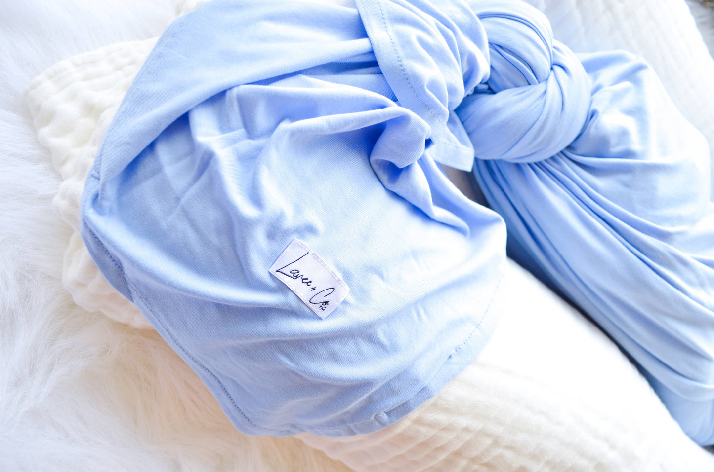 Laree + Co. - Lillian Trisomy 18 Blue Bamboo Swaddle + Knotted Hat Set