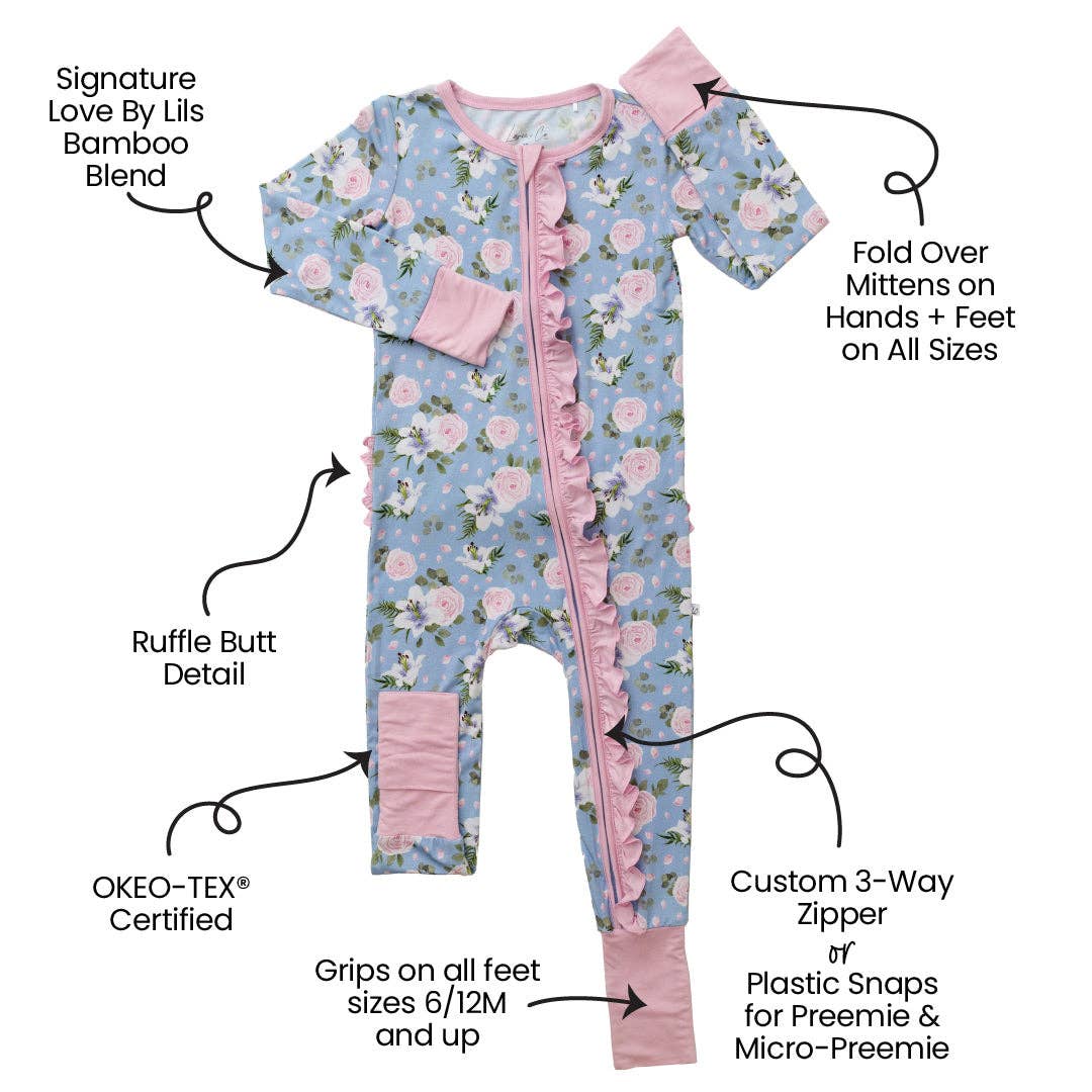 Laree + Co. - Lillian Floral Bamboo Ruffle Convertible Footie (Restock): NB