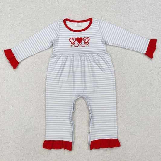 Blue Stripe Embroidered Ruffle Sucker Romper