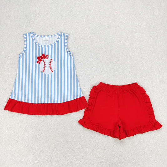 Striped Baseball Sleeveless Ruffled Short Set