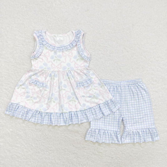 Blue Gingham Bow Sleeveless Ruffled Short Set