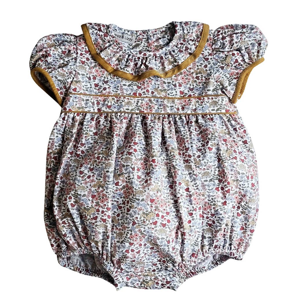 Marco and Lizzy - Celine - Fall Floral print corduroy trimmed Girl Romper: 12m