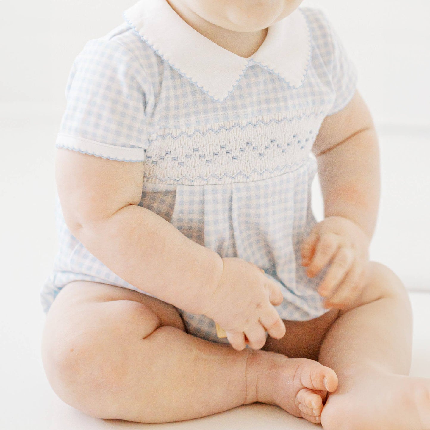 Magnolia Baby - Mini Checks Smocked Collared S/S Bubble - Blue: Blue / 3M/SM