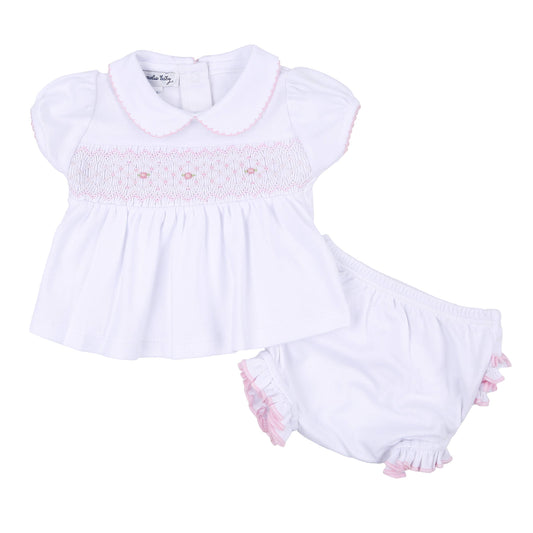 Magnolia Baby - Lily and Lucas Pink Smock Collar Ruffle S/S Diaper Cover Set: Pink / 3M/SM