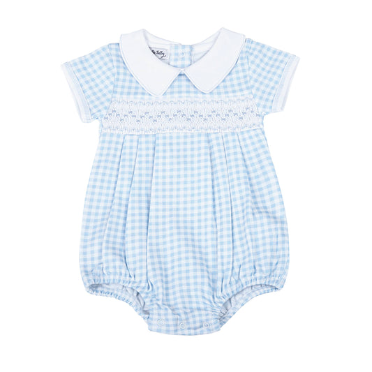 Magnolia Baby - Mini Checks Smocked Collared S/S Bubble - Blue: Blue / 3M/SM