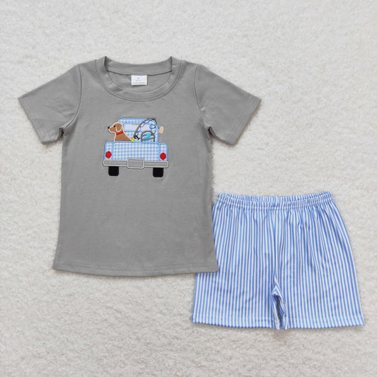 Blue Striped Truck and Fish Short Set