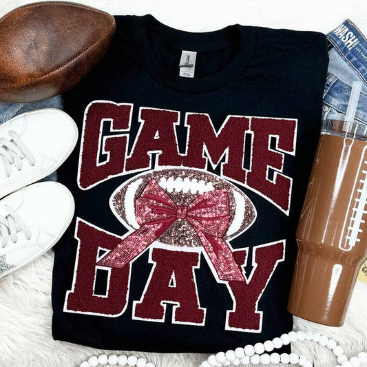 Maroon Chenille Football Game Day with Sequin Bow Patch