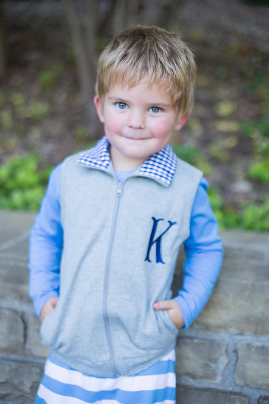 Love That Cotton - Gingham Accent Vest - Grey with Navy: 12m