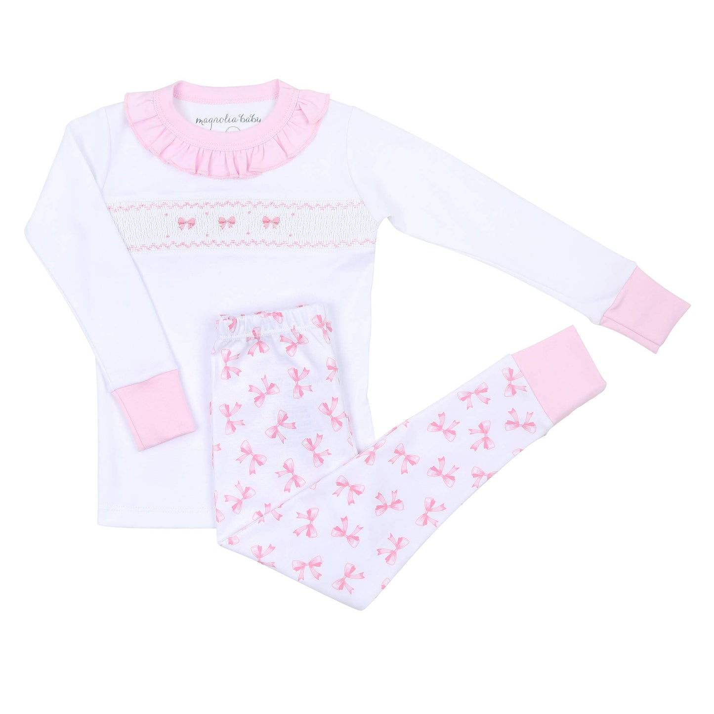 Magnolia Baby - Baby Bows Smocked Ruffle Long Pajamas: Pink / 4T