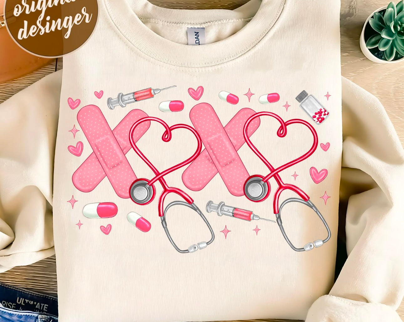 Healthcare Bandaid and Heart Stethoscope Crewneck