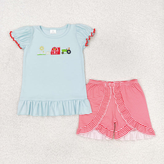 Red Striped Ruffled Farm Short Set