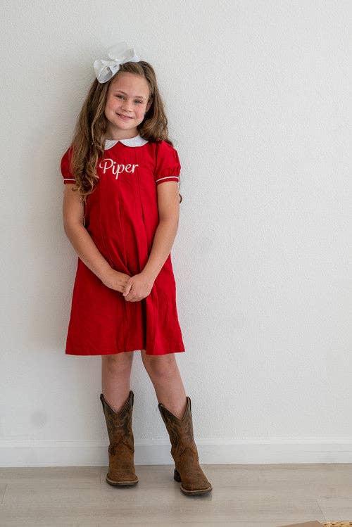 Love That Cotton - Pleated Peter Pan Collar Dress - Red Corduroy: 12m