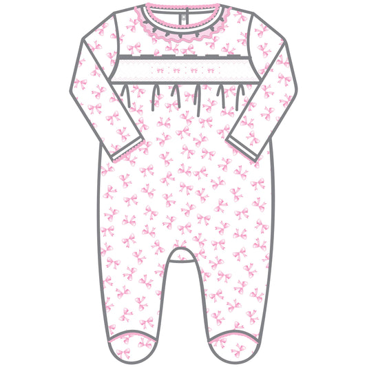 Magnolia Baby - Baby Bows Smocked Ruffle Footie: Pink / 3M/SM