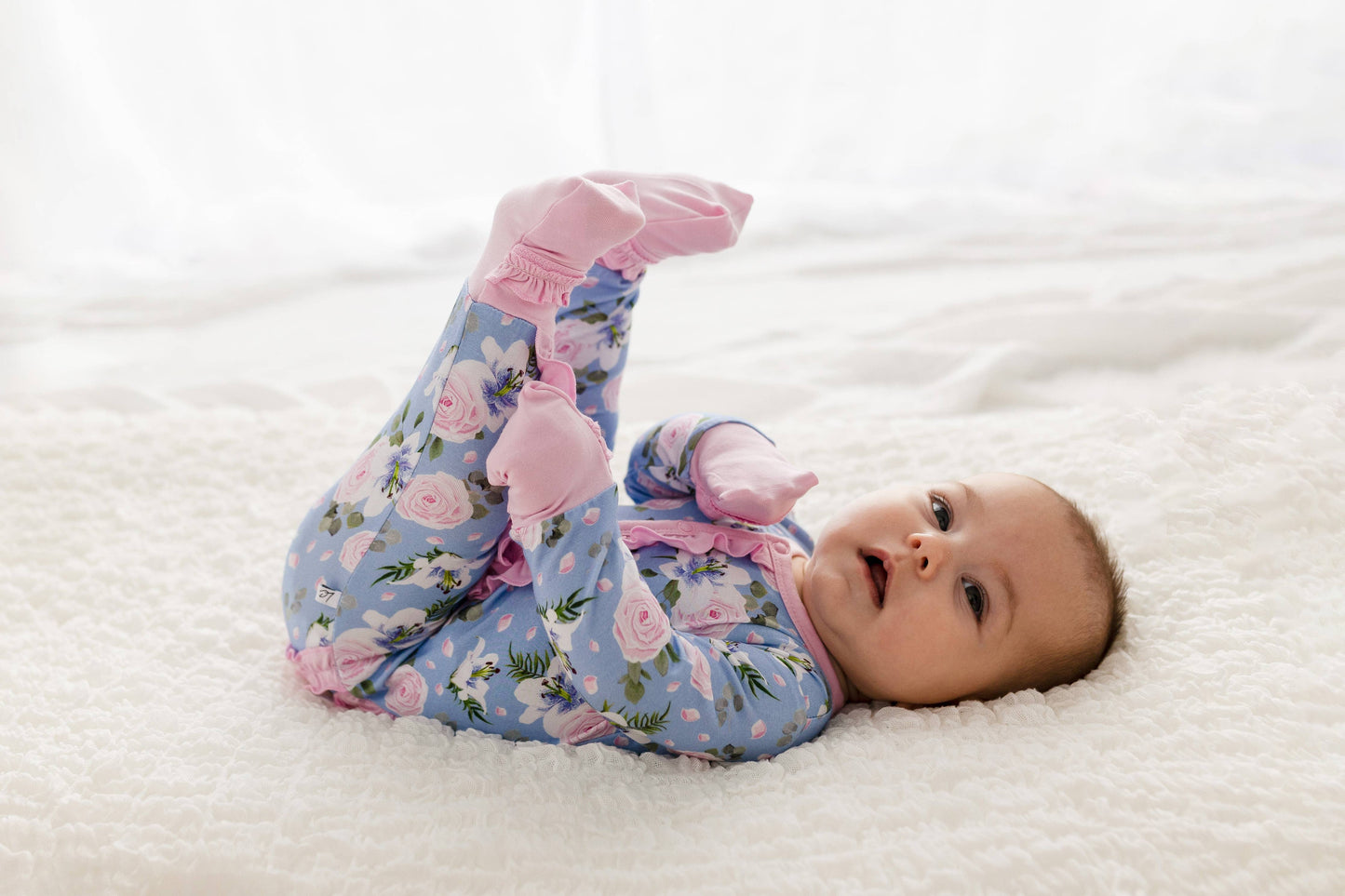 Laree + Co. - Lillian Floral Bamboo Ruffle Convertible Footie (Restock): NB