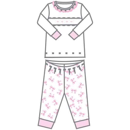 Magnolia Baby - Baby Bows Smocked Ruffle Long Pajamas: Pink / 4T