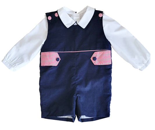 Marco and Lizzy - Cherries Red and Navy Blue Corduroy boy 2 piece overall set: 2T