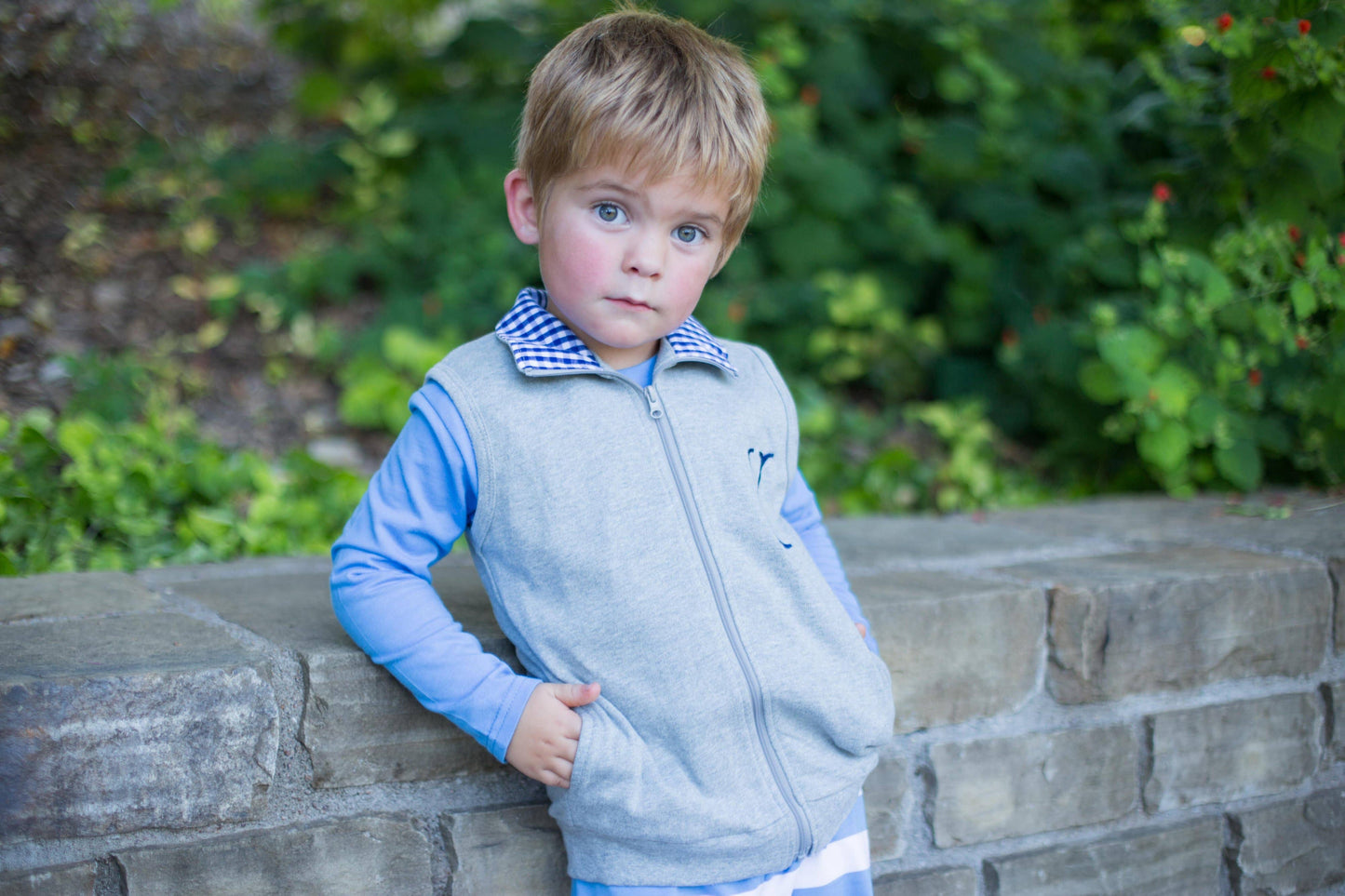 Love That Cotton - Gingham Accent Vest - Grey with Navy: 12m