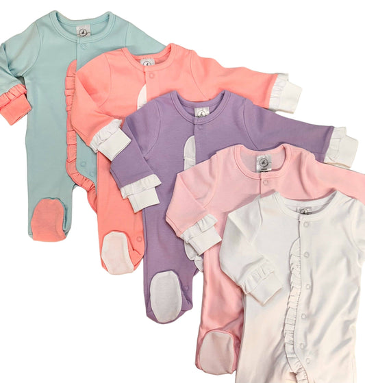 SK Blanks - Ruffle Footie: Lavender w/White Ruffle / 0-3M