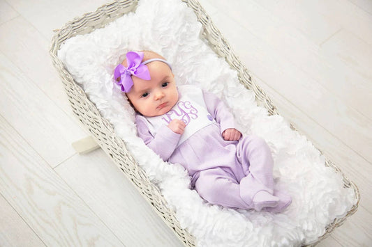 SK Blanks - Lavender Tiny Stripe Bib Front Footie and Hat: Newborn