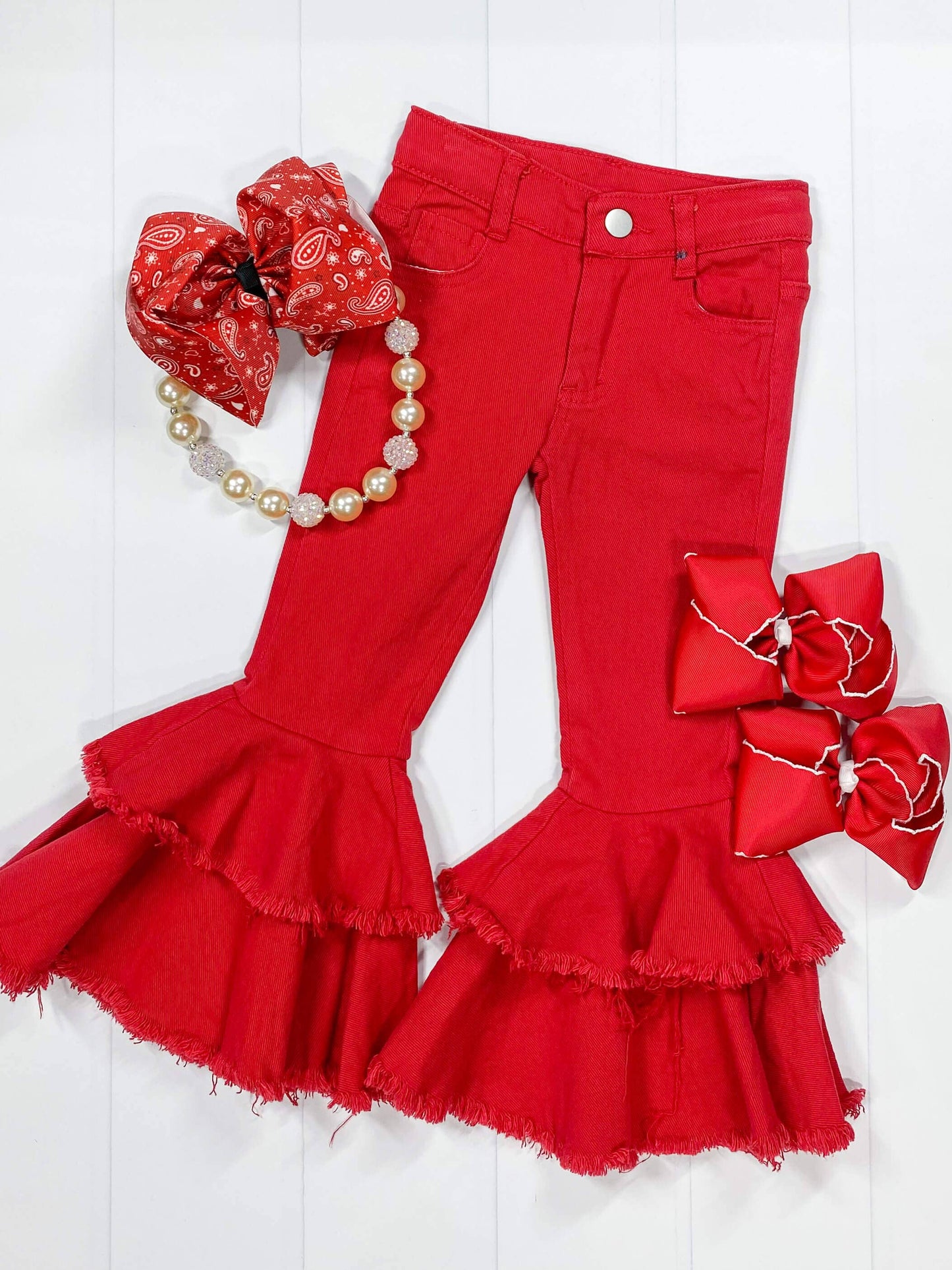 The Hair Bow Company - Red Frayed Double Bell Bottom Jeans: 2T