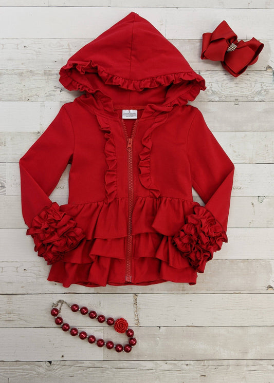 Chaqueta con capucha con volantes roja