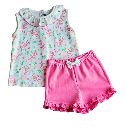 Conjunto Niña Camisa &amp; Short Lazos &amp; Flores Algodón Pima