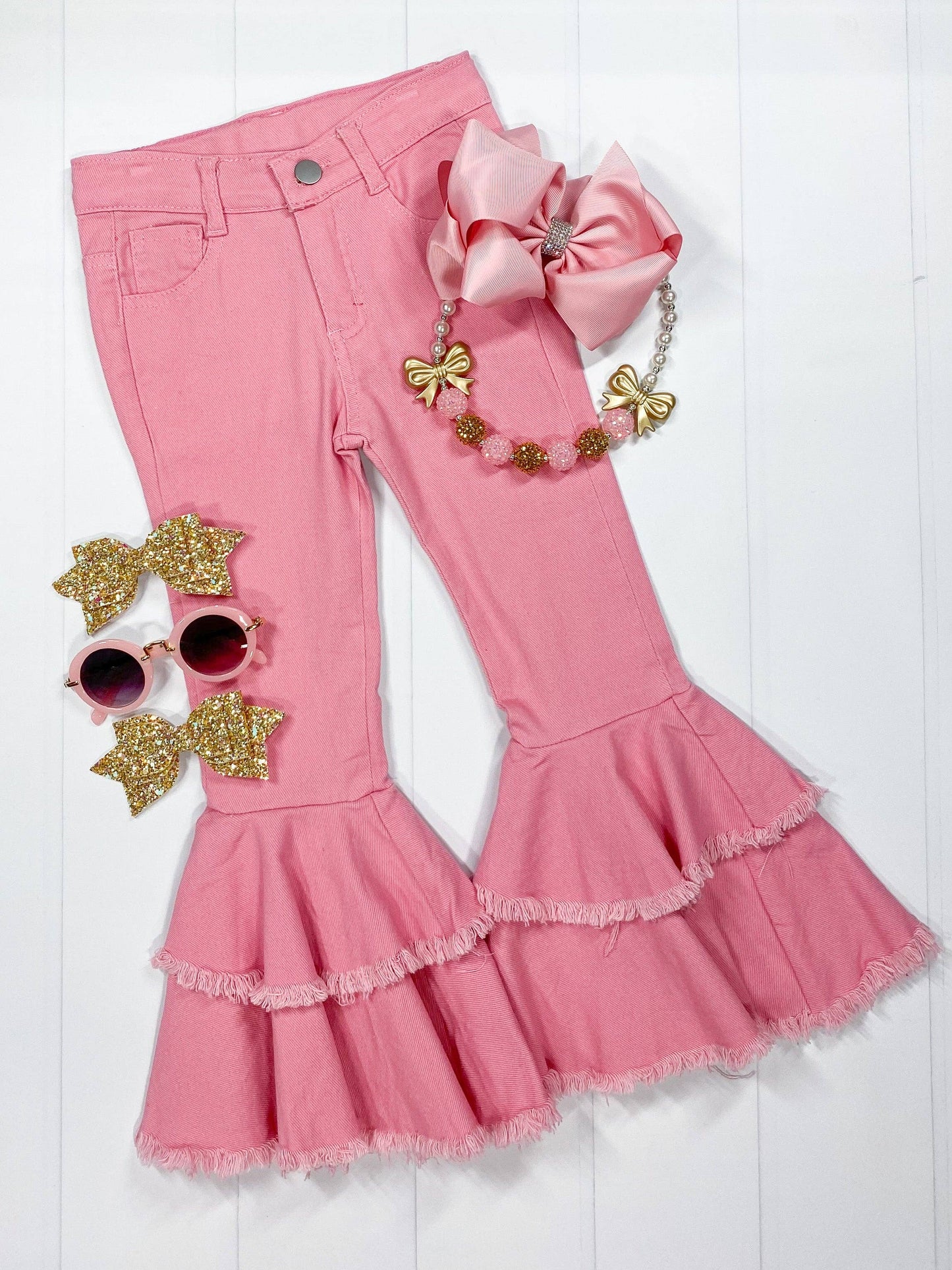 The Hair Bow Company - Pink Frayed Double Bell Bottom Jeans: 8y