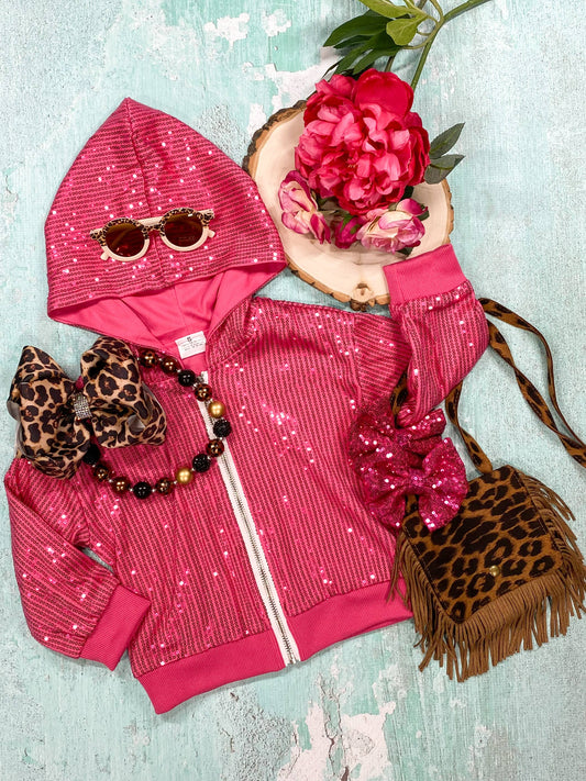 Chaqueta con capucha y cremallera de lentejuelas rosa