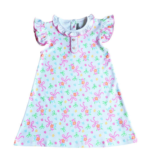 Vestido Niña Lazos &amp; Flores Corte A Algodón Pima