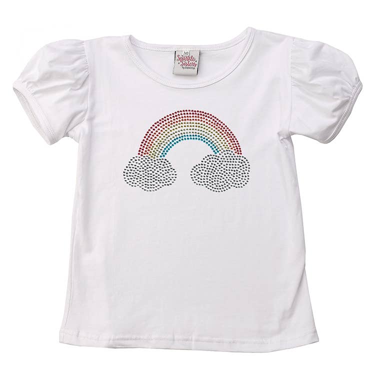 Sparkle Sisters by Couture Clips - Studded Rainbow Puff Sleeve Tee: White / 8